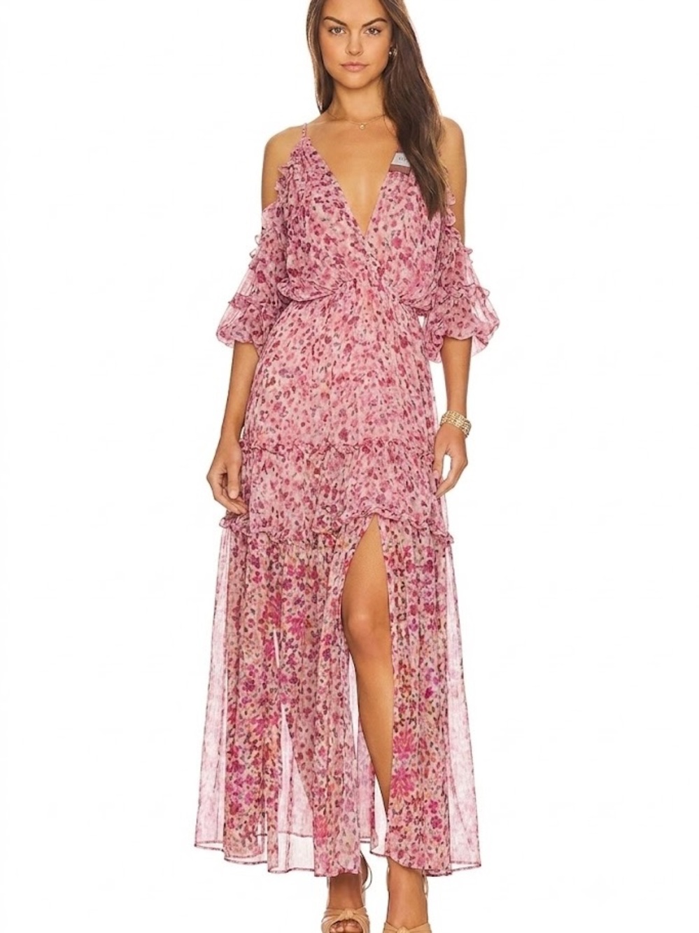 NWT $469 Misa Los Angeles Lalia Dress Pink Floral Cold-Shoulder Maxi with Slit